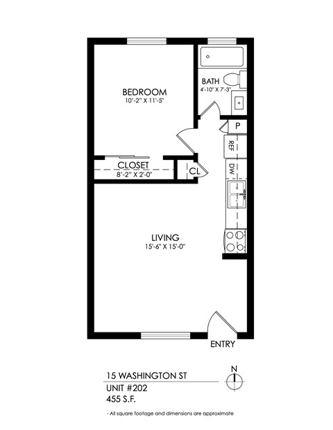Floor plan for 1 bed, 1 bath, 510 sqft